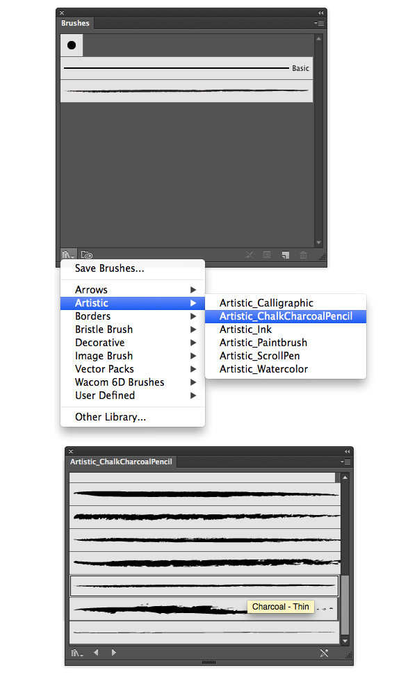 find the Charcoal Thin brush in the brush library